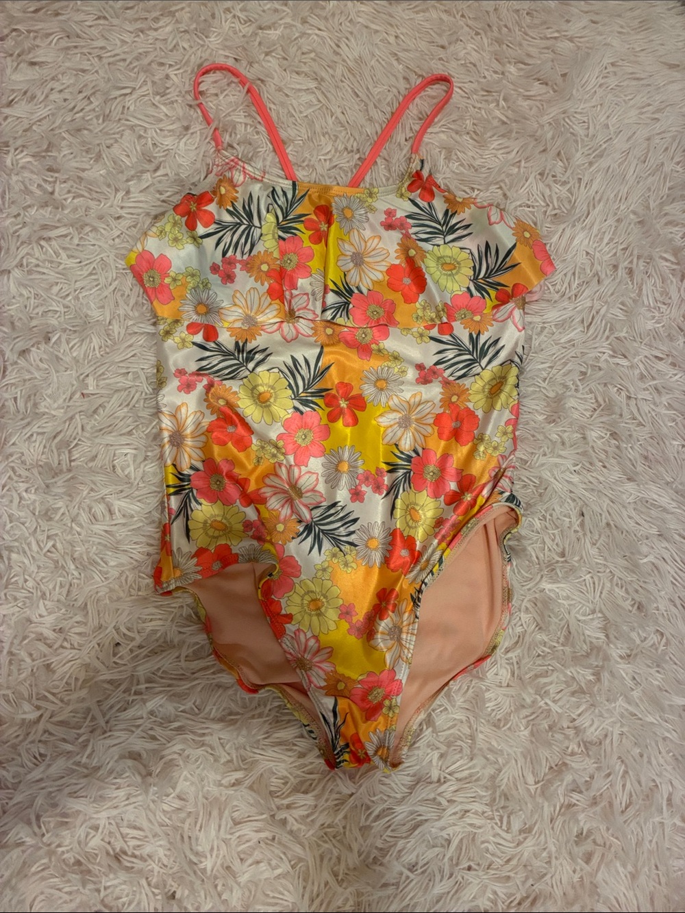 Floral One-Piece Girls' Swimsuit - Yellow & Coral